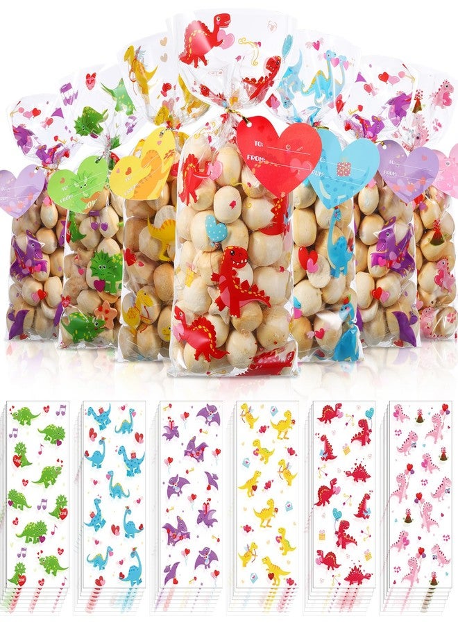 Tellingyou 180 Pcs Valentine's Day Cellophane Bags Bulk, Dinosaur Sweet Plastic Cello Candy Goodie Treat Bag with Heart Tag Twist Ties for Party Favors Warp - Image 1